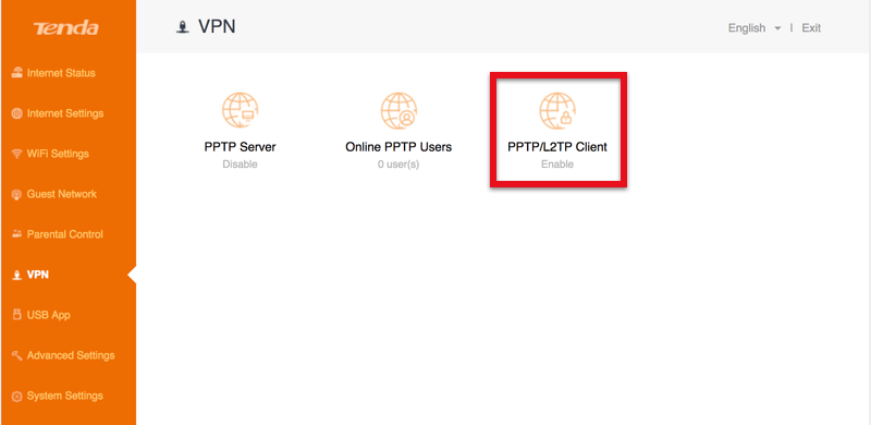 Tenda AC6 VPN section: PPTP Server, Online PPTP Users and PPTP/L2TP Client tiles